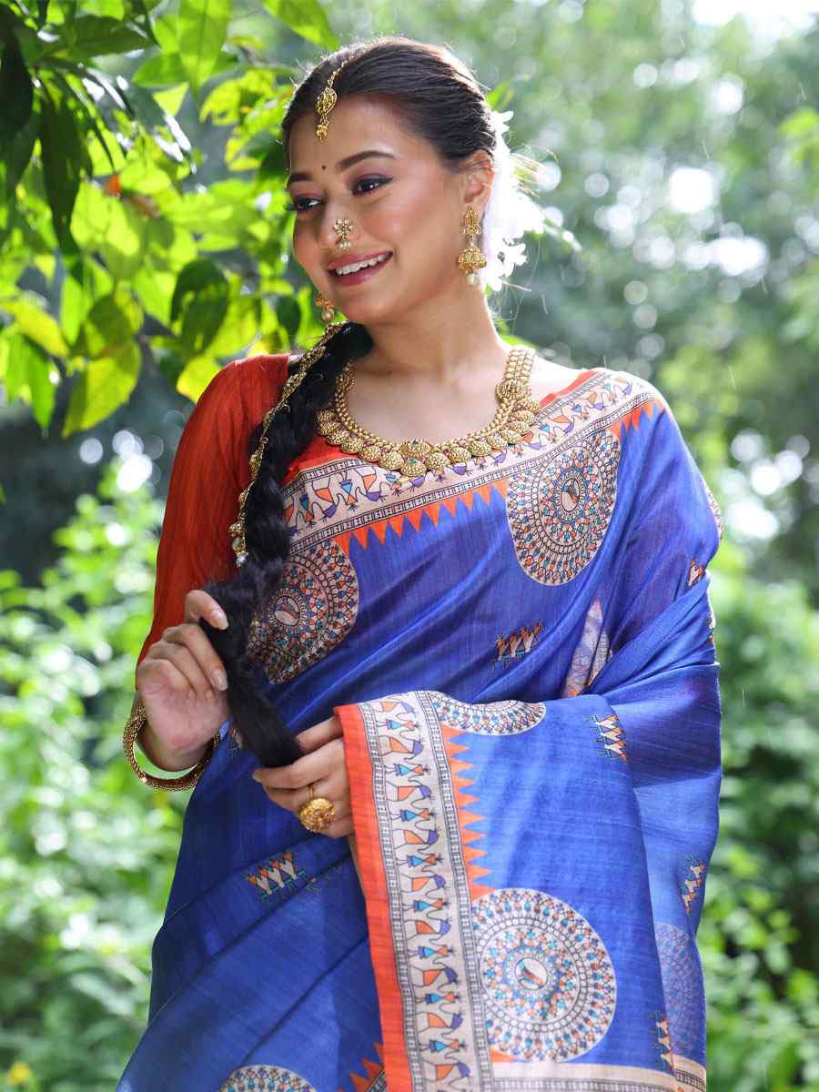 Royal Blue Soft Tussar Silk Printed Casual Reception Festival Wedding Fancy Heavy Border Saree