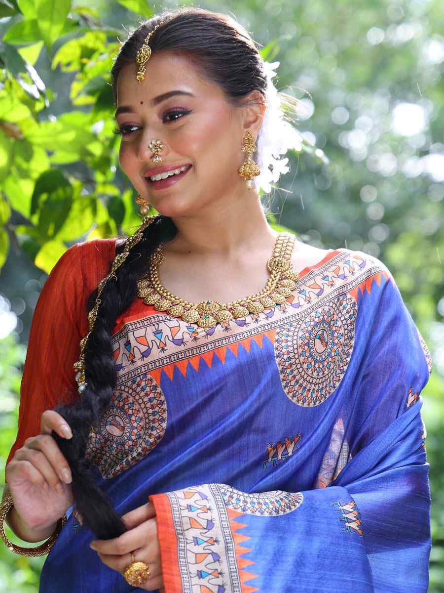 Royal Blue Soft Tussar Silk Printed Casual Reception Festival Wedding Fancy Heavy Border Saree