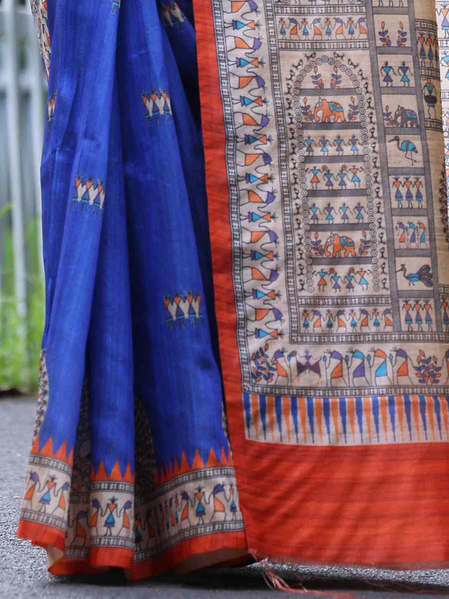 Royal Blue Soft Tussar Silk Printed Casual Reception Festival Wedding Fancy Heavy Border Saree