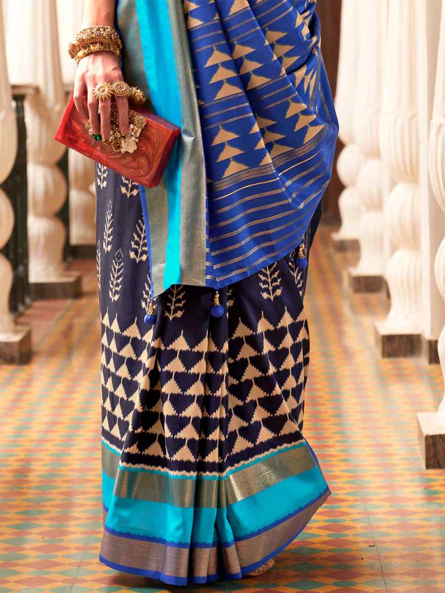 Royal Blue Superior P V Silk Handwoven Wedding Festival Heavy Border Saree