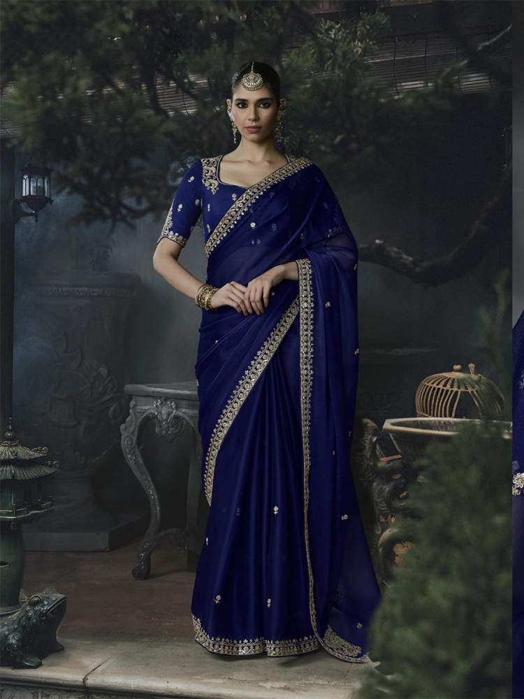 Image of Royal Blue Tissue Silk Embroidery Stone Work Sequins Wedding Reception Party Festival Casual Heavy Border Sarees