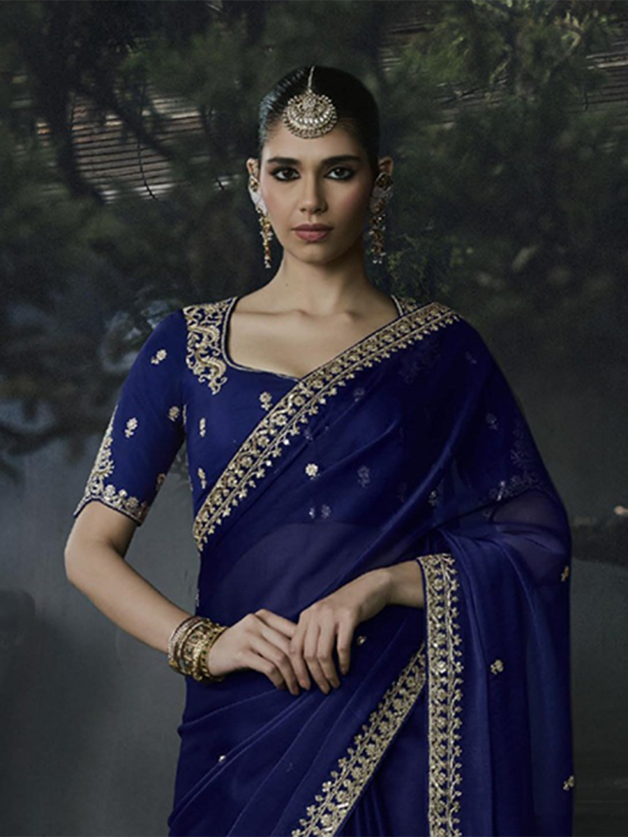 Royal Blue Tissue Silk Embroidery Stone Work Sequins Wedding Reception Party Festival Casual Heavy Border Sarees