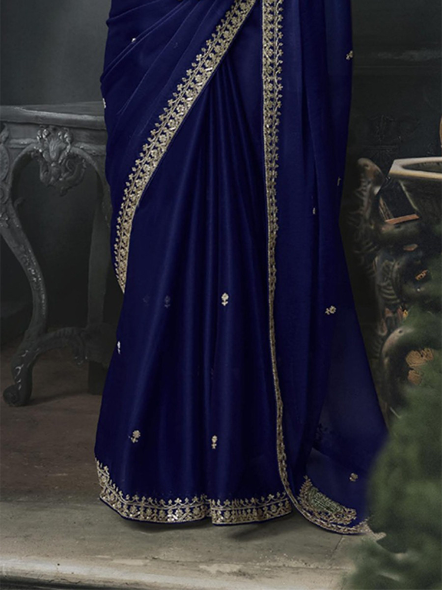 Royal Blue Tissue Silk Embroidery Stone Work Sequins Wedding Reception Party Festival Casual Heavy Border Sarees