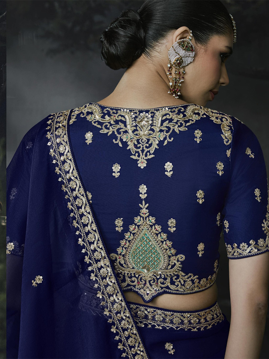 Royal Blue Tissue Silk Embroidery Stone Work Sequins Wedding Reception Party Festival Casual Heavy Border Sarees