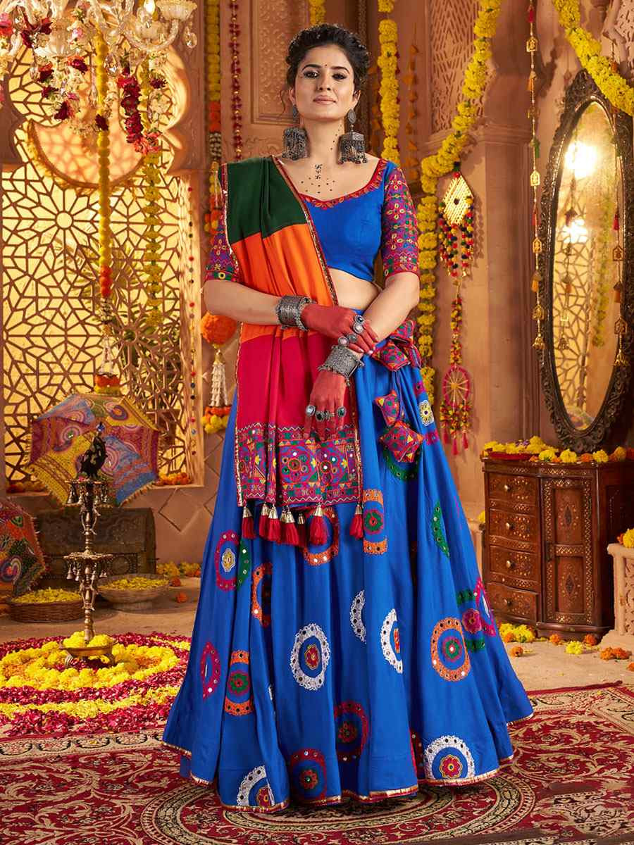Royal Blue Viscose Cotton Embroidered Festival Traditional Lehenga Choli