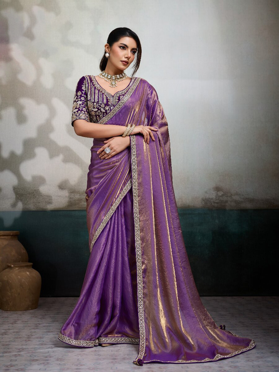 Royal Purple Velvet Satin Embroidery Sequins Zari Wedding Reception Party Festival Casual Heavy Border Sarees