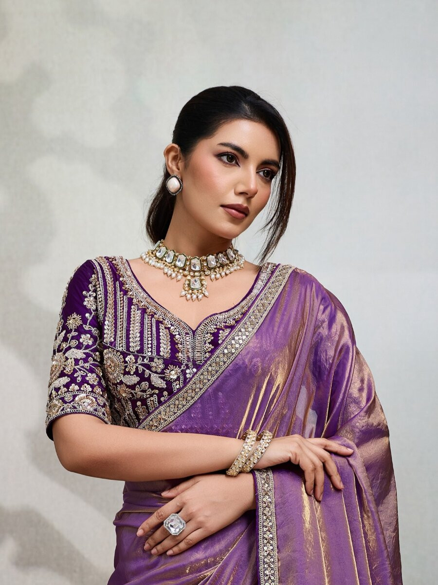 Royal Purple Velvet Satin Embroidery Sequins Zari Wedding Reception Party Festival Casual Heavy Border Sarees