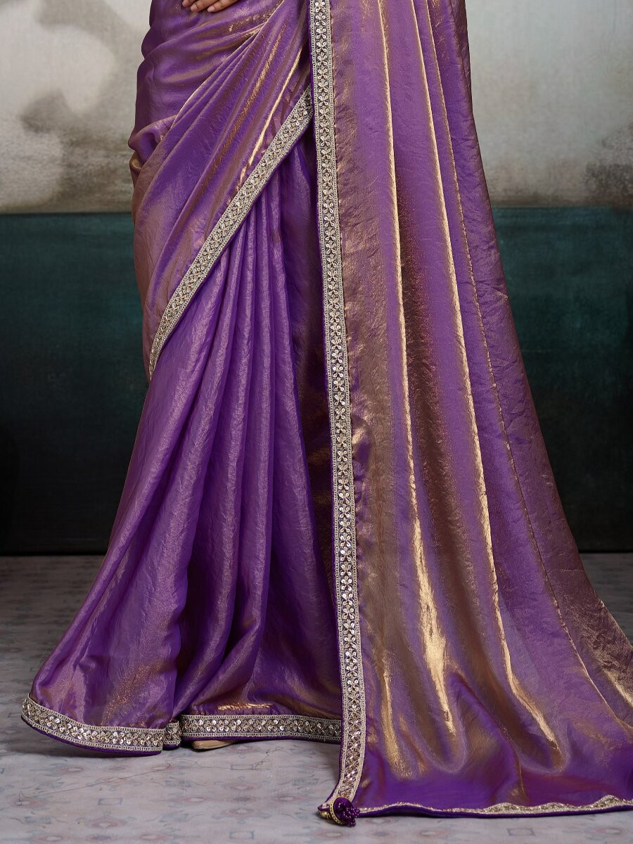 Royal Purple Velvet Satin Embroidery Sequins Zari Wedding Reception Party Festival Casual Heavy Border Sarees
