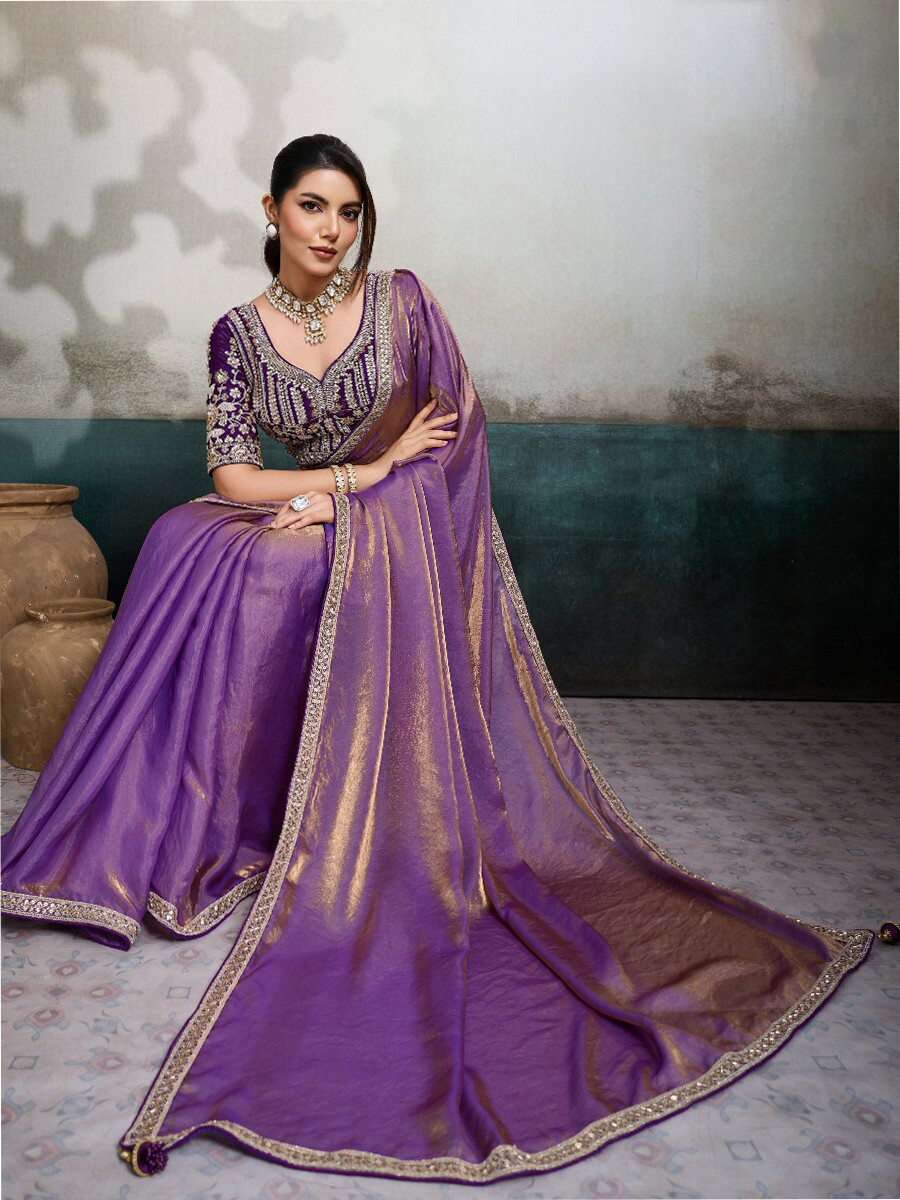 Royal Purple Velvet Satin Embroidery Sequins Zari Wedding Reception Party Festival Casual Heavy Border Sarees
