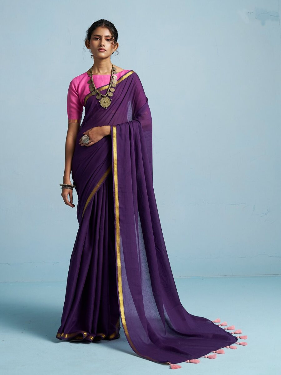 Royal Purple Viscose Plain Casual Party Festival Wedding Fancy Classic Style Sarees
