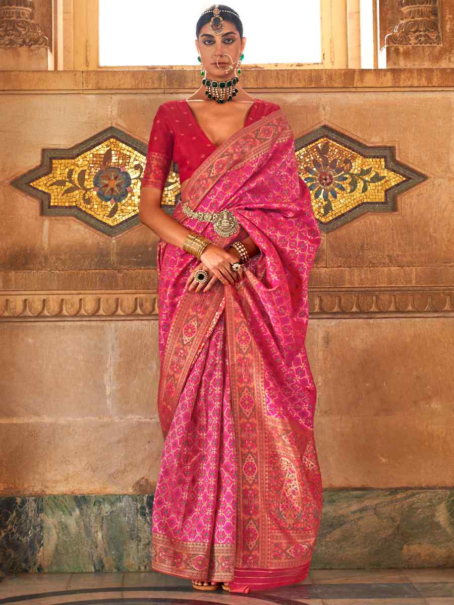Ruby Pink Banarasi Silk Handwoven Wedding Festival Heavy Border Saree