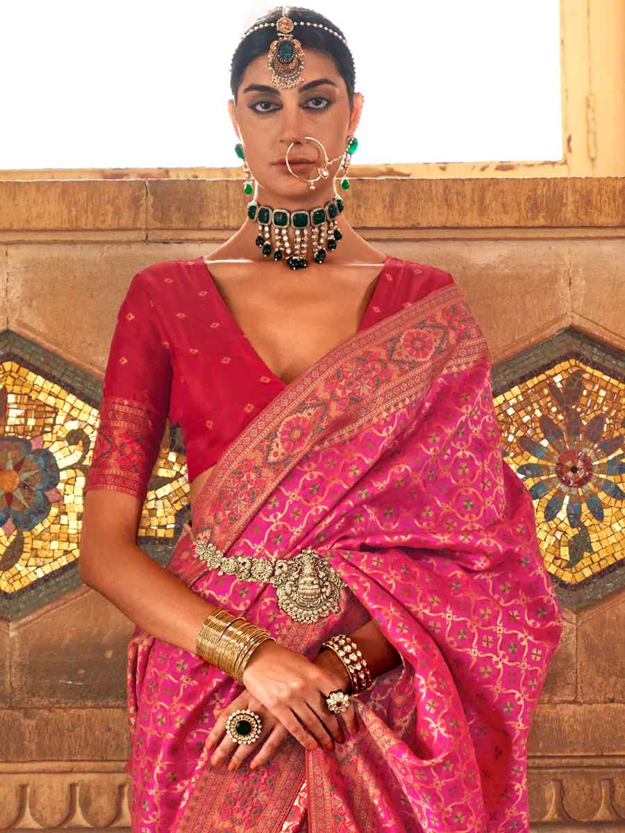 Ruby Pink Banarasi Silk Handwoven Wedding Festival Heavy Border Saree