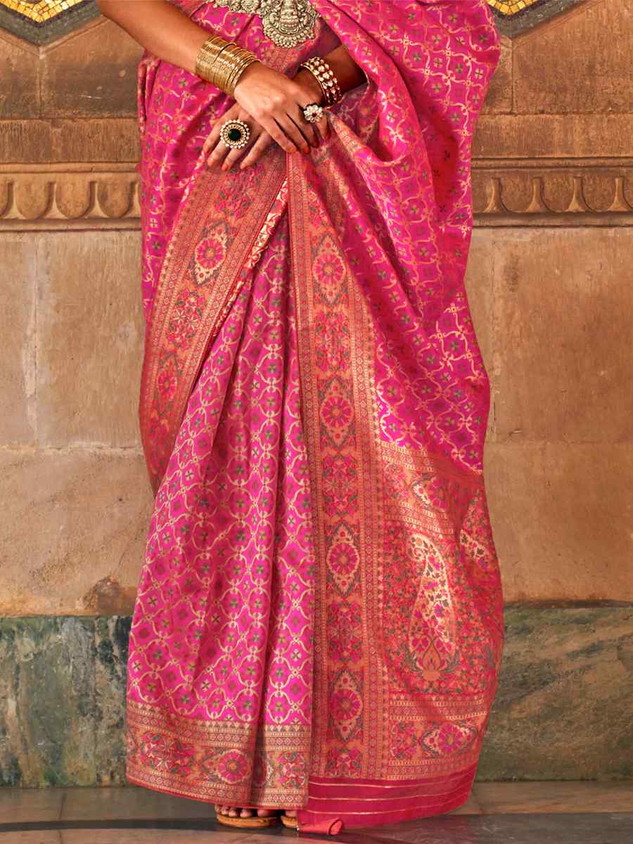Ruby Pink Banarasi Silk Handwoven Wedding Festival Heavy Border Saree