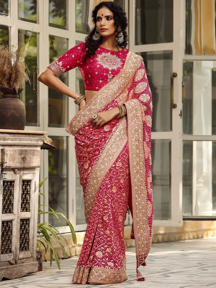 Ruby Pink Red Soft Banarasi Silk Embroidered Wedding Bridesmaid Heavy Border Saree