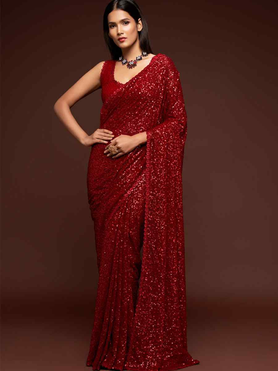 Ruby Red Georgette Embroidery Festival Wedding Fancy Heavy Border Saree