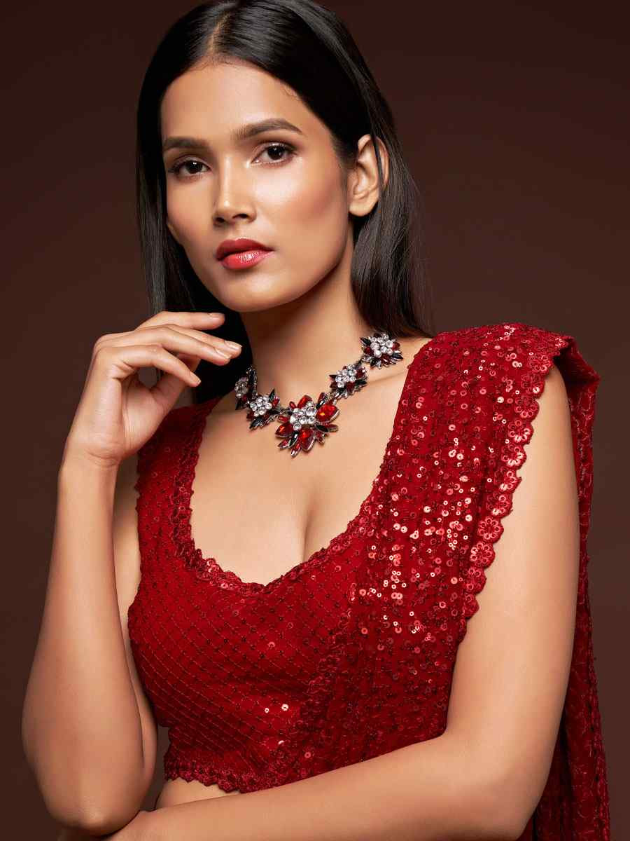 Ruby Red Georgette Embroidery Festival Wedding Fancy Heavy Border Saree