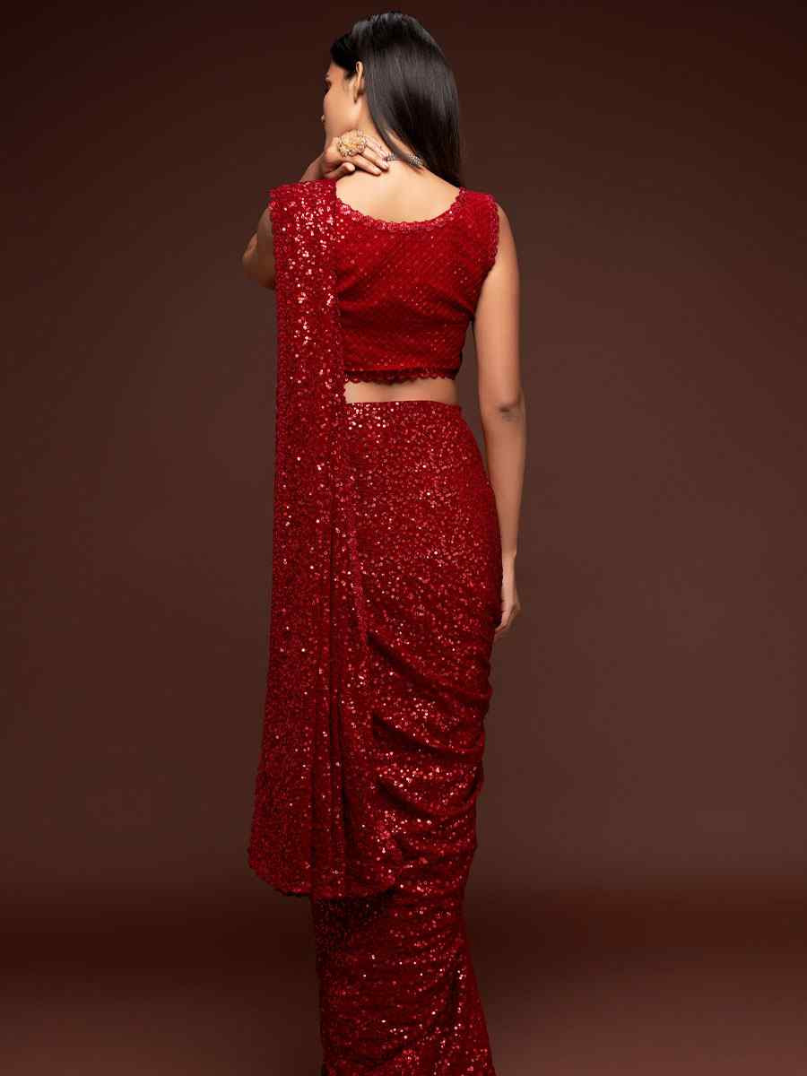 Ruby Red Georgette Embroidery Festival Wedding Fancy Heavy Border Saree