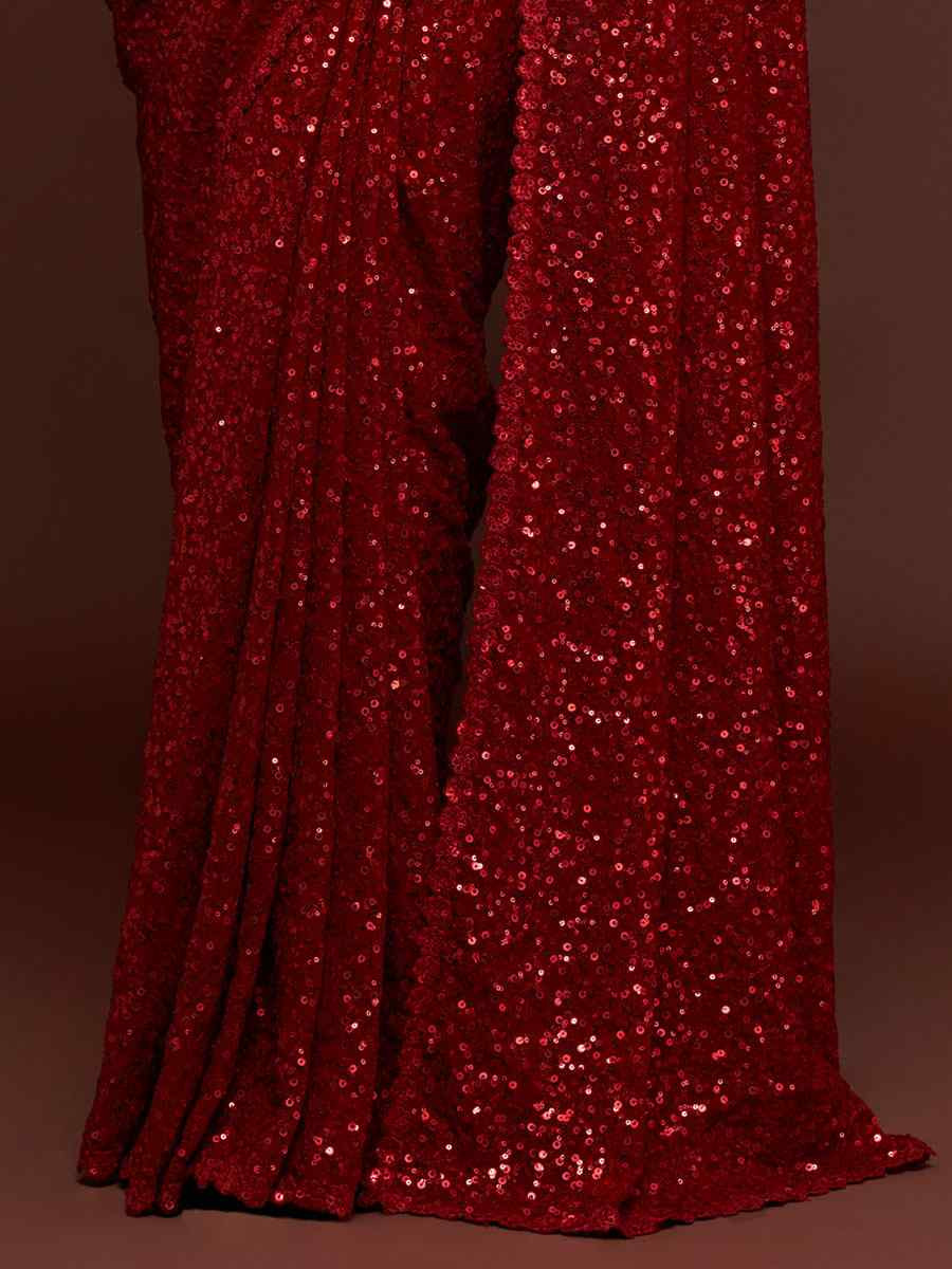 Ruby Red Georgette Embroidery Festival Wedding Fancy Heavy Border Saree