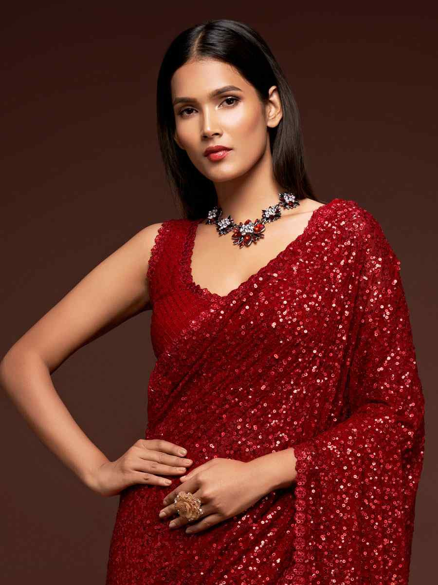 Ruby Red Georgette Embroidery Festival Wedding Fancy Heavy Border Saree