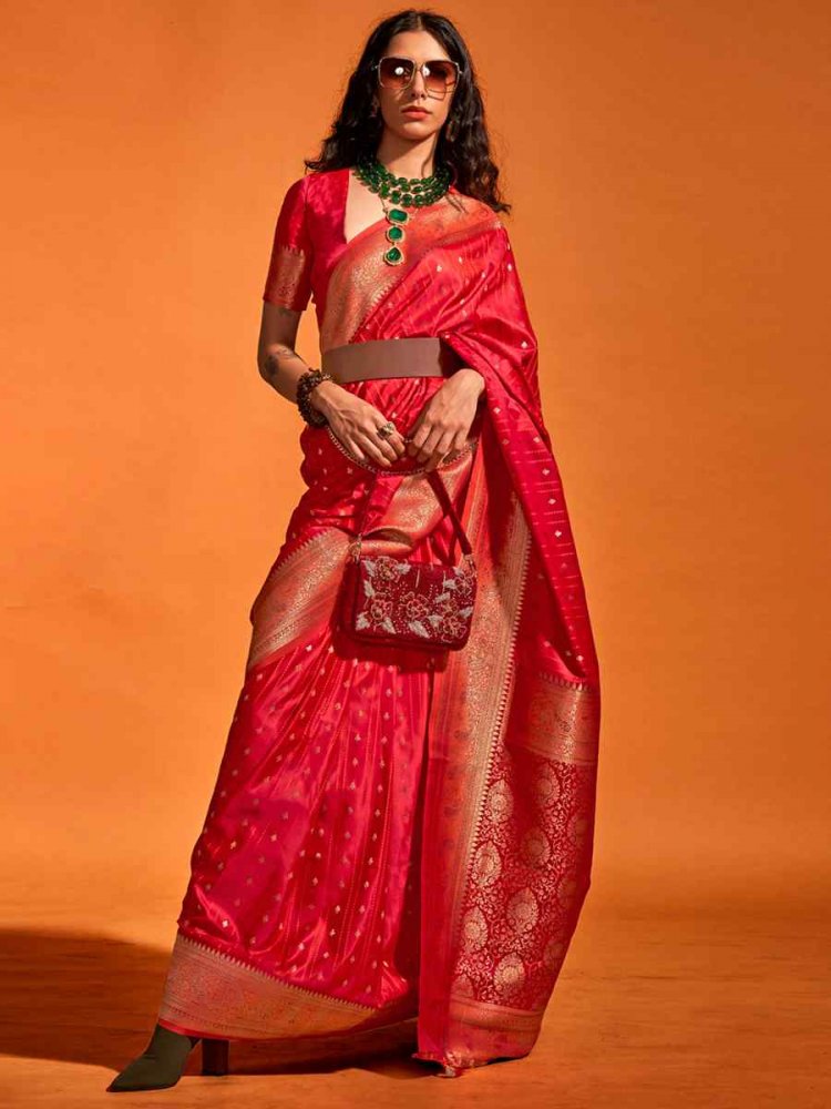 Ruby Red Satin Handwoven Wedding Festival Heavy Border Saree