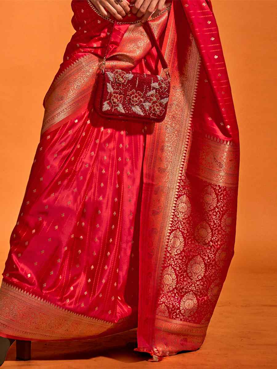 Ruby Red Satin Handwoven Wedding Festival Heavy Border Saree