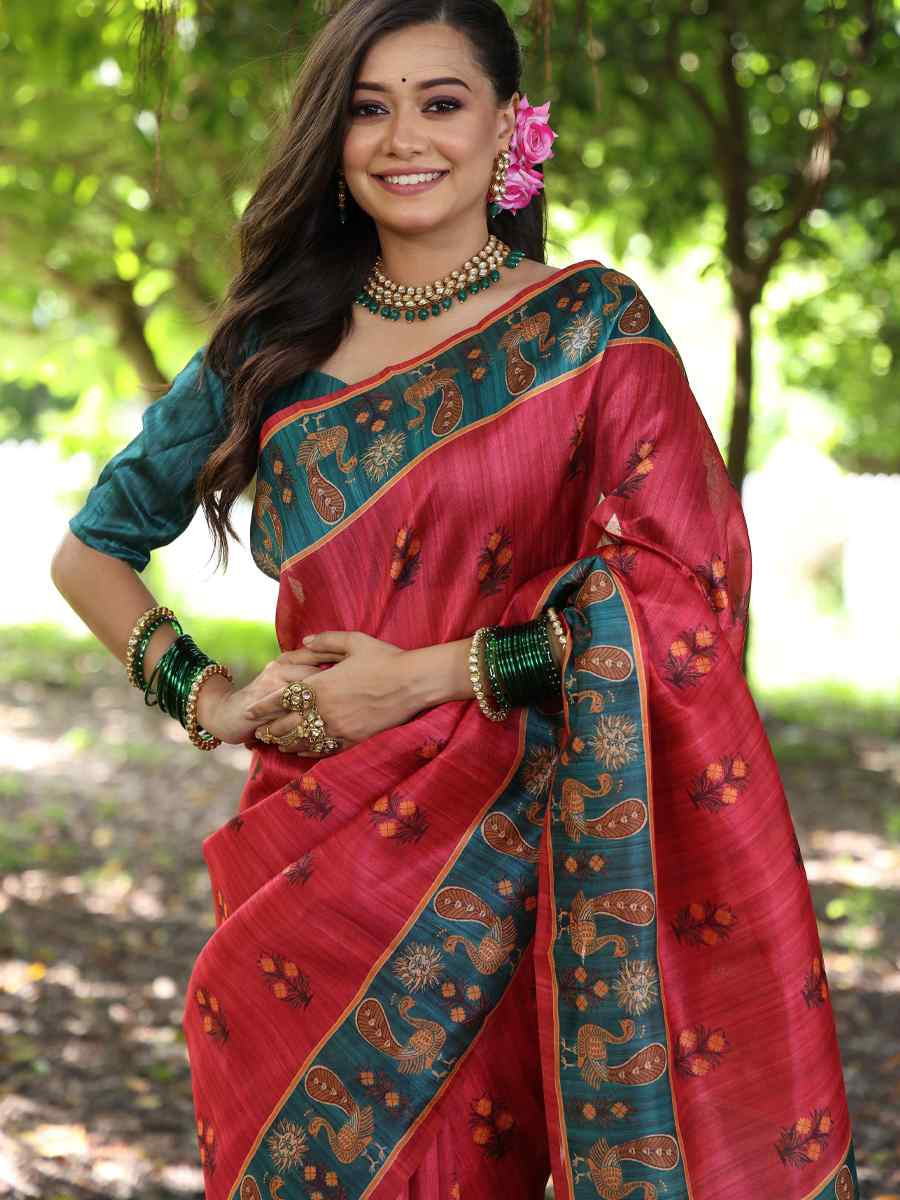 Ruby Red Soft Tussar Silk Zari Handwoven Casual Reception Festival Wedding Fancy Classic Style Sarees