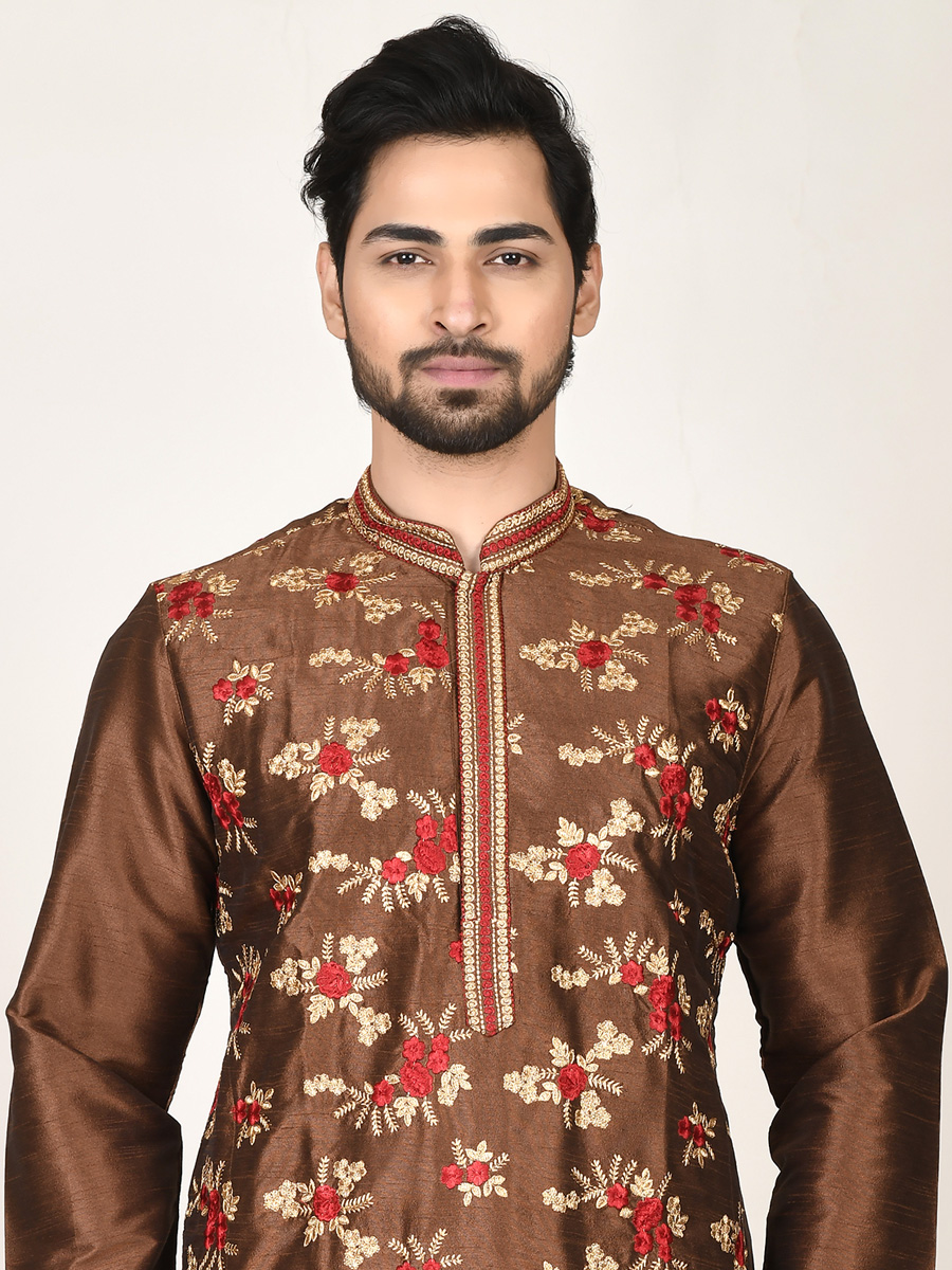 Russet Brown Dupion Silk Embroidered Party Kurta
