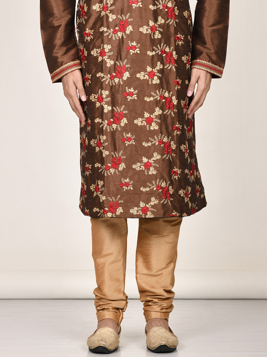 Russet Brown Dupion Silk Embroidered Party Kurta