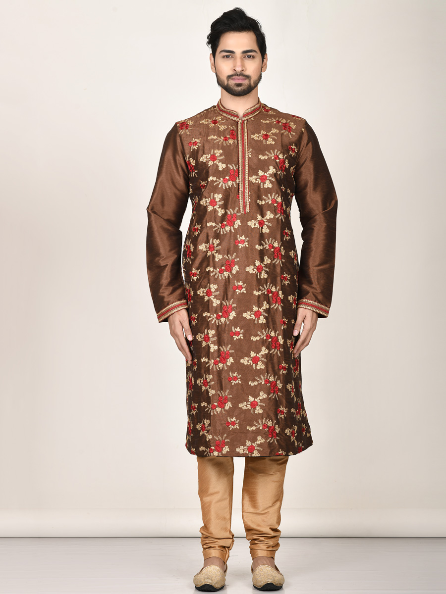 Russet Brown Dupion Silk Embroidered Party Kurta