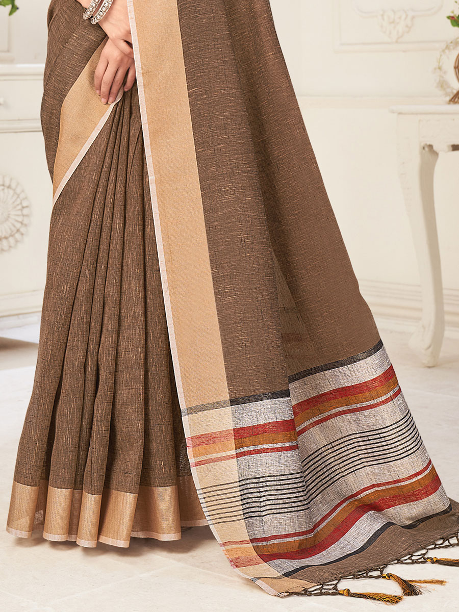 Russet Brown Linen Plain Festival Saree