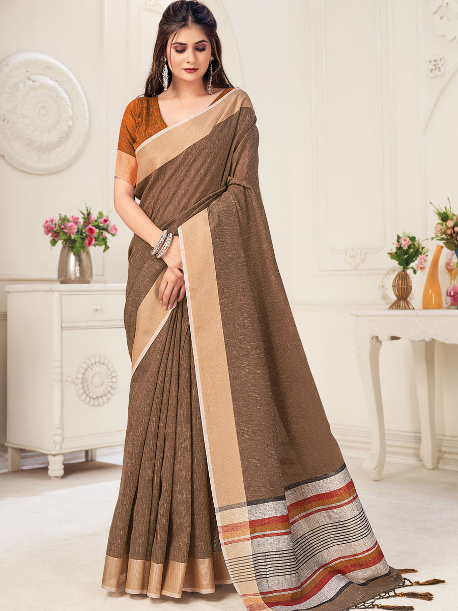 Russet Brown Linen Plain Festival Saree