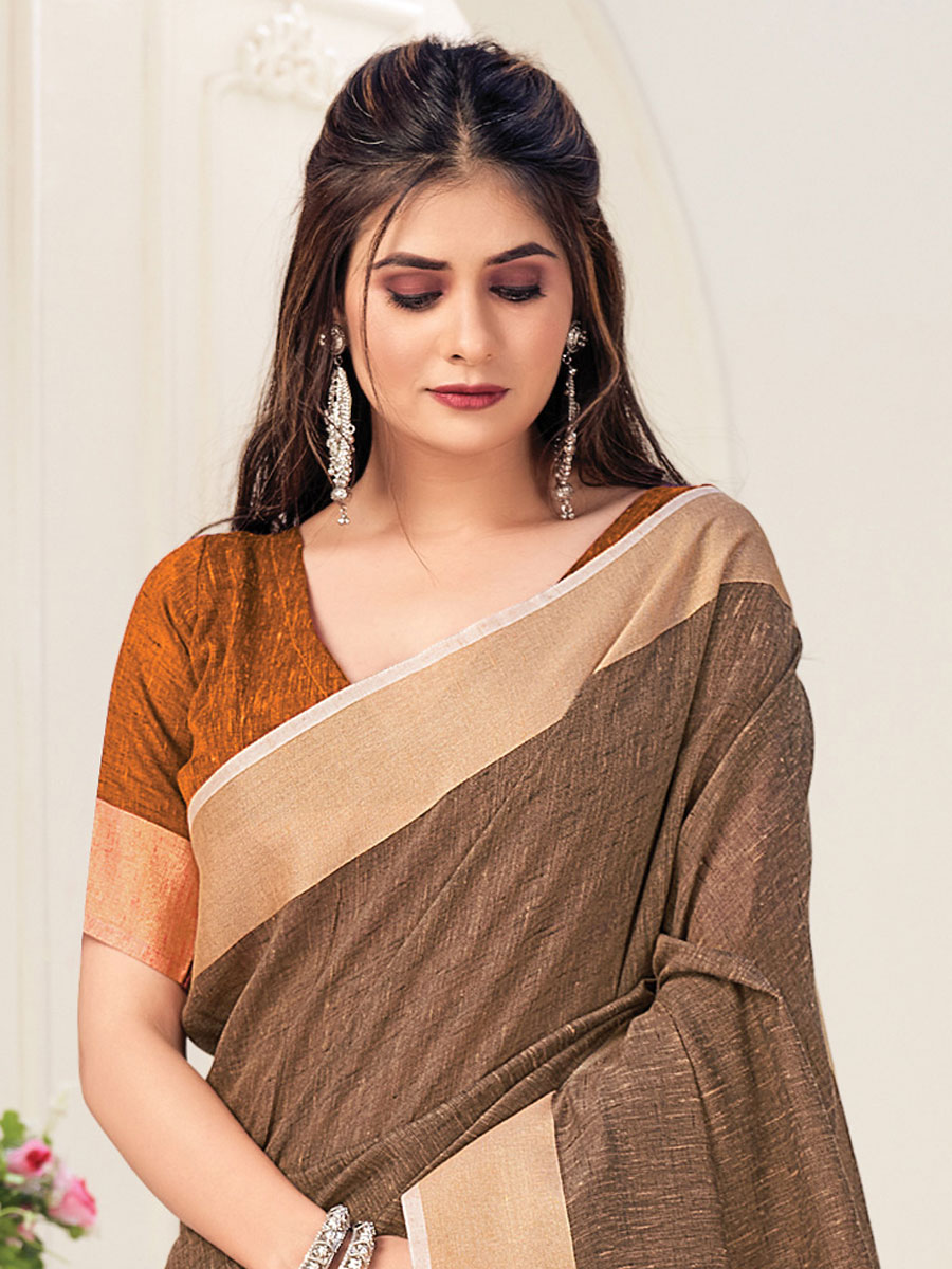 Russet Brown Linen Plain Festival Saree