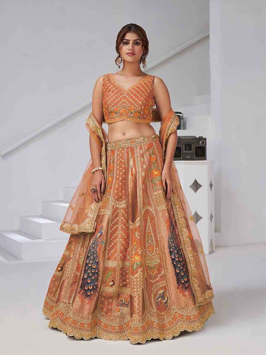 Rust Banarsi Silk Embroidered Wedding Reception Festival Heavy Border Lehenga Choli