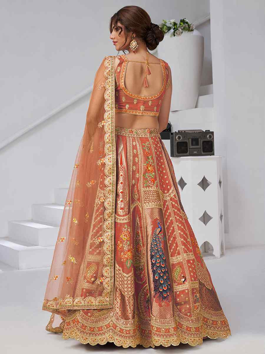 Rust Banarsi Silk Embroidered Wedding Reception Festival Heavy Border Lehenga Choli