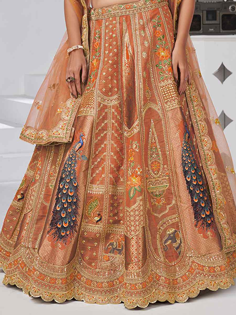 Rust Banarsi Silk Embroidered Wedding Reception Festival Heavy Border Lehenga Choli