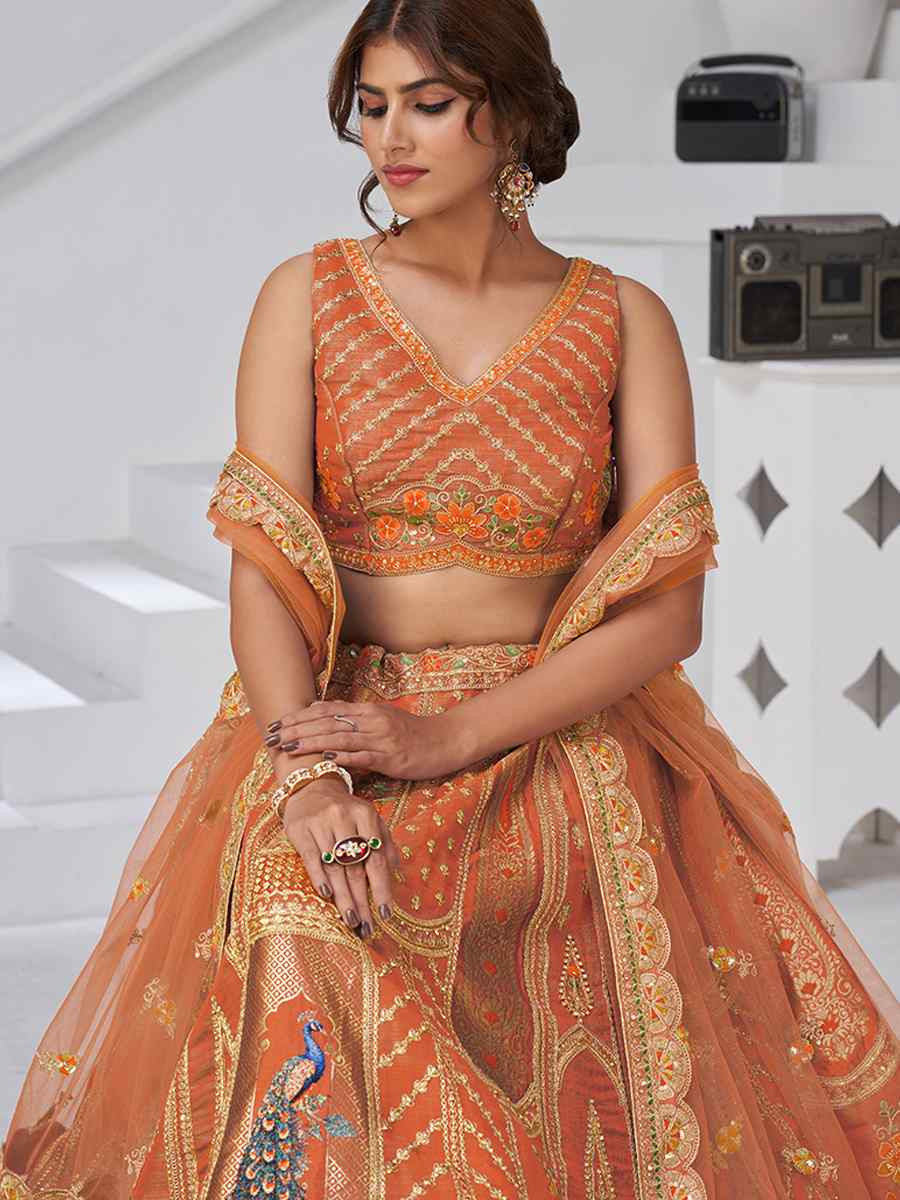 Rust Banarsi Silk Embroidered Wedding Reception Festival Heavy Border Lehenga Choli