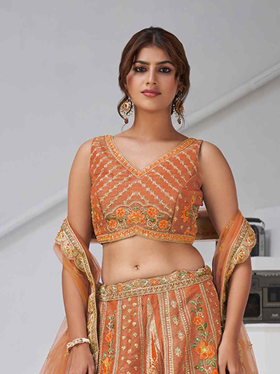 Rust Banarsi Silk Embroidered Wedding Reception Festival Heavy Border Lehenga Choli