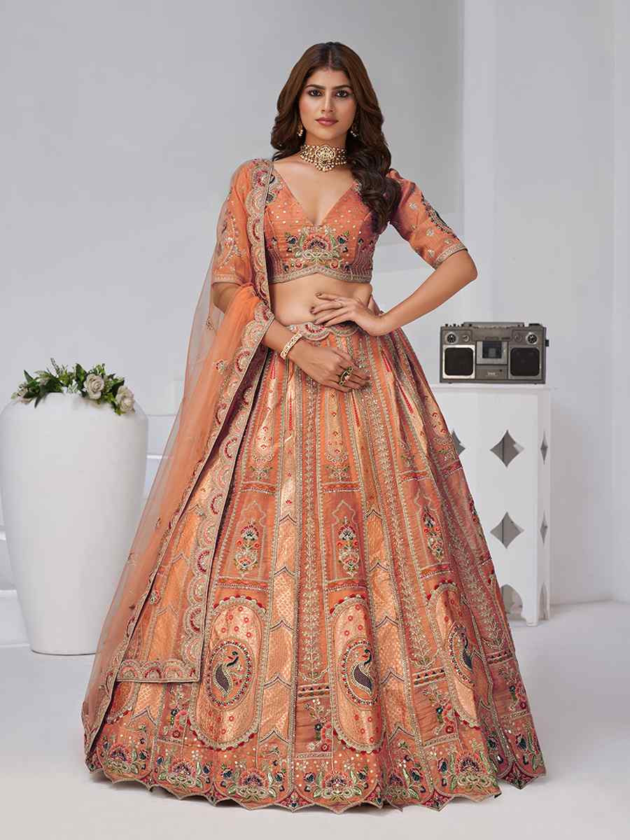 Rust Banarsi Silk Embroidered Wedding Reception Festival Heavy Border Lehenga Choli