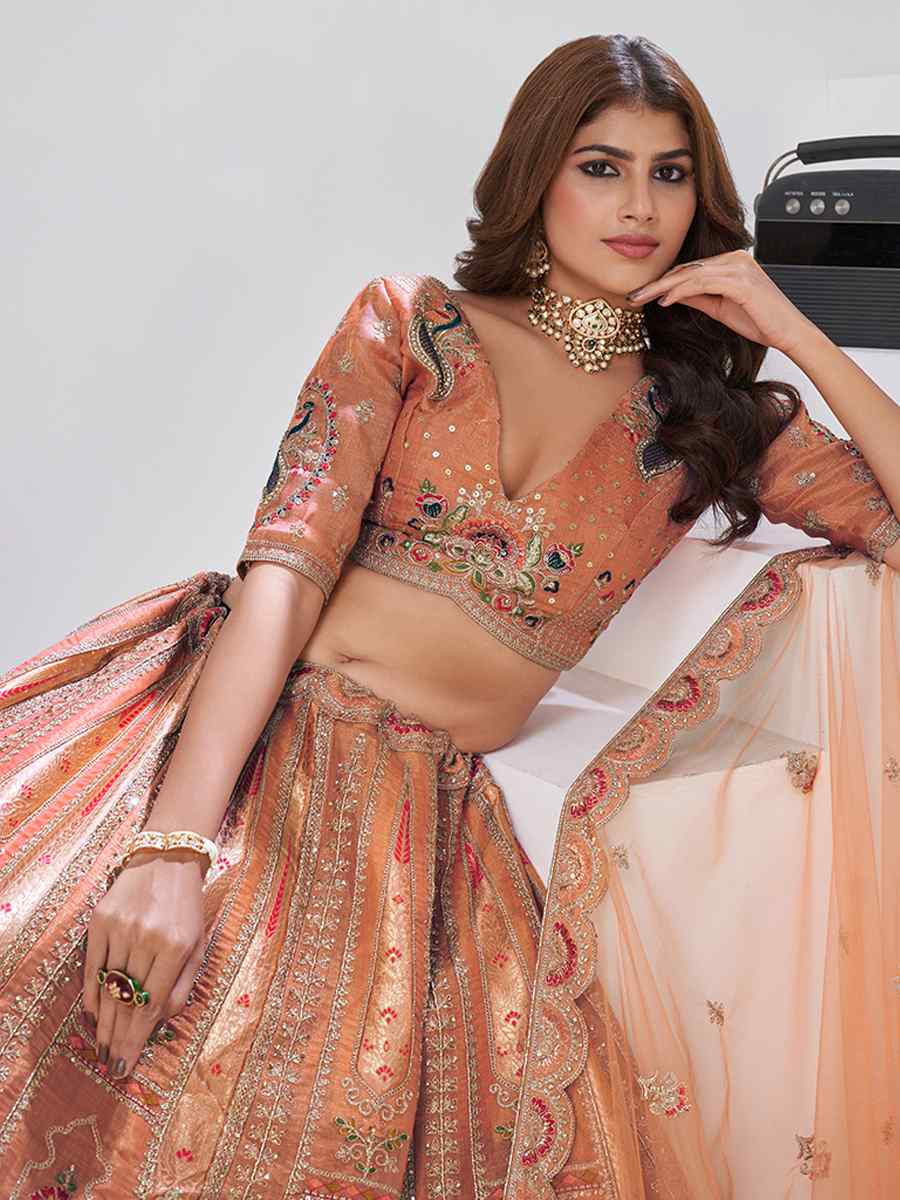 Rust Banarsi Silk Embroidered Wedding Reception Festival Heavy Border Lehenga Choli