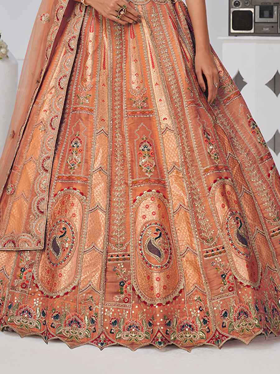 Rust Banarsi Silk Embroidered Wedding Reception Festival Heavy Border Lehenga Choli
