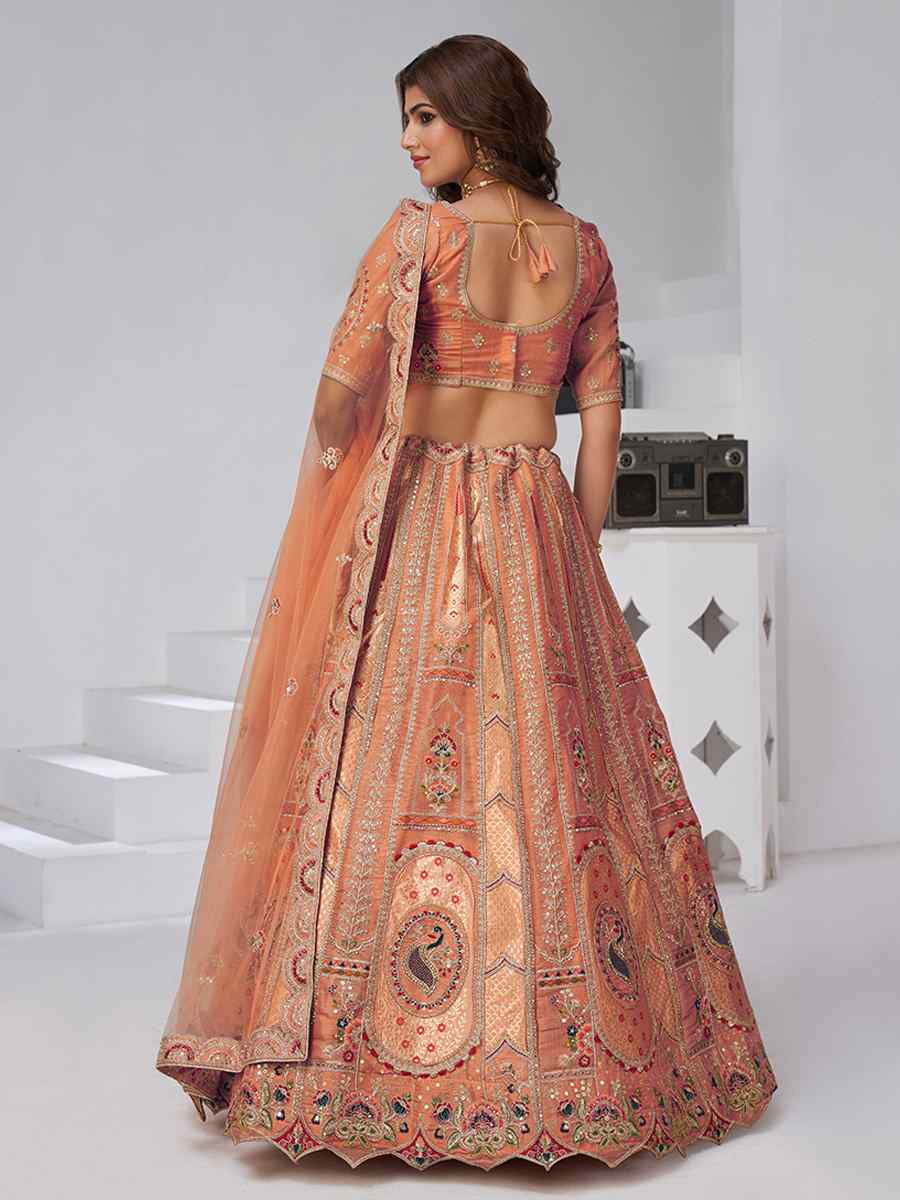 Rust Banarsi Silk Embroidered Wedding Reception Festival Heavy Border Lehenga Choli