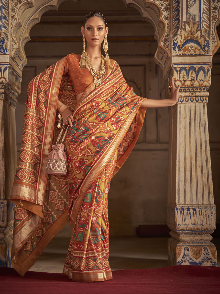 Rust Brown Patola Silk Printed Festival Saree