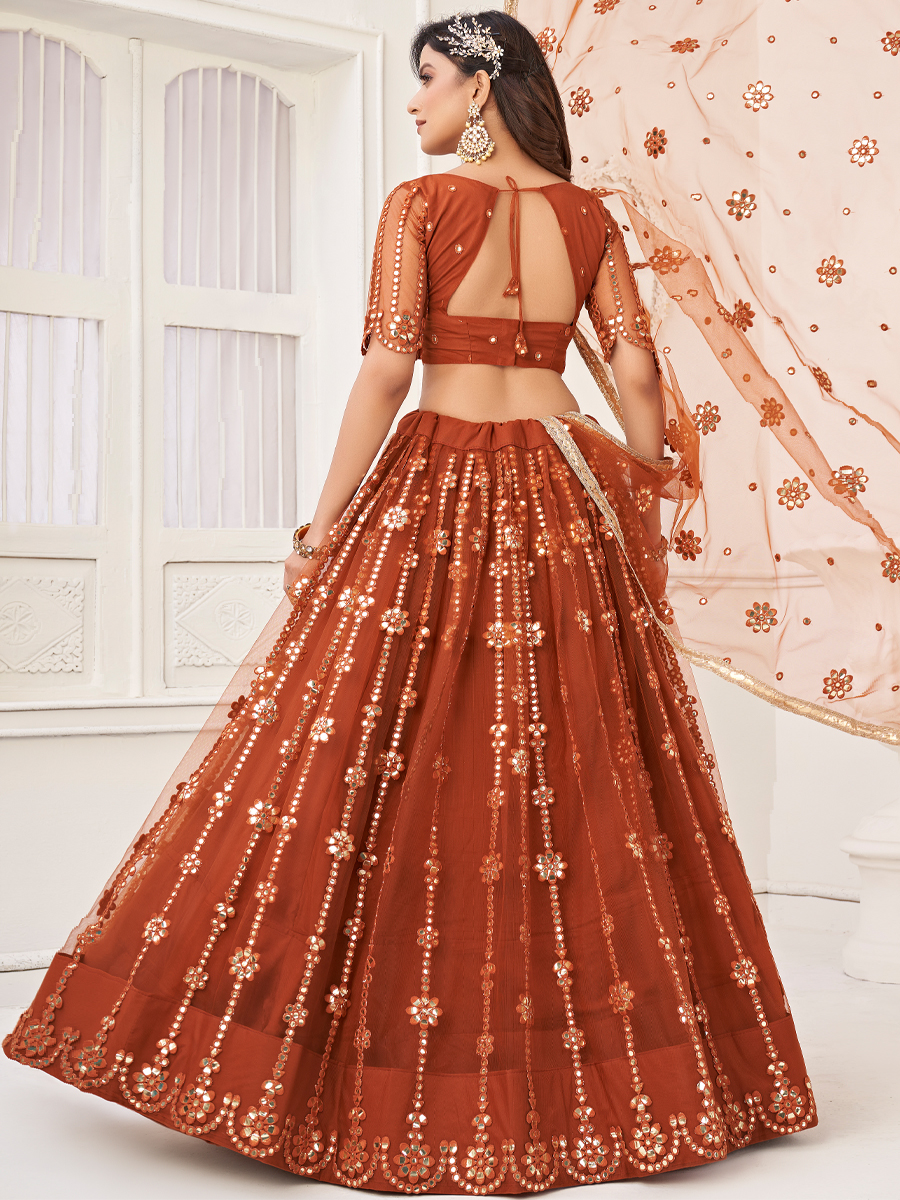 Rust Butterfly Net Embroidered Party Wear Festival Heavy Border Lehenga Choli