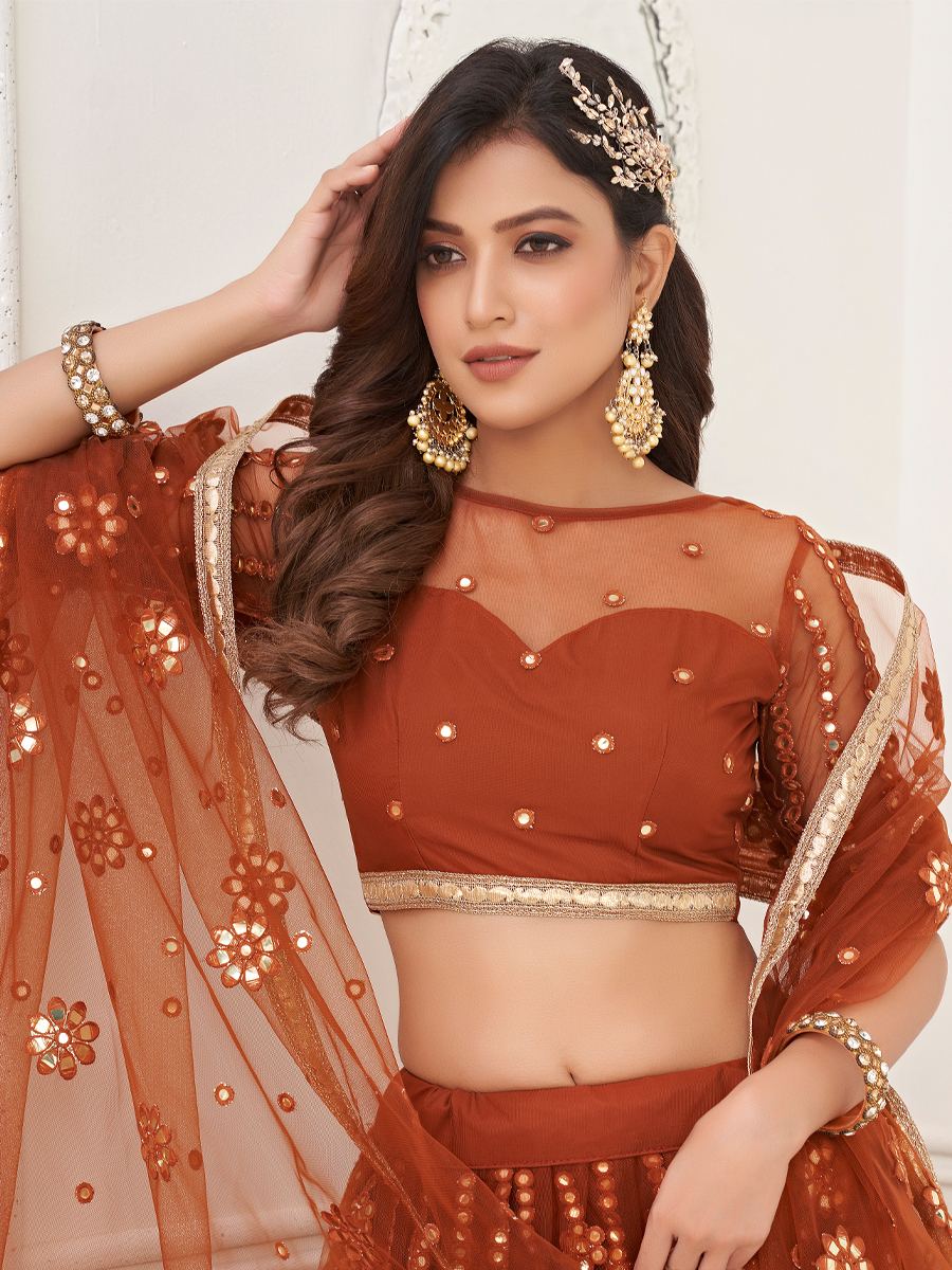 Rust Butterfly Net Embroidered Party Wear Festival Heavy Border Lehenga Choli