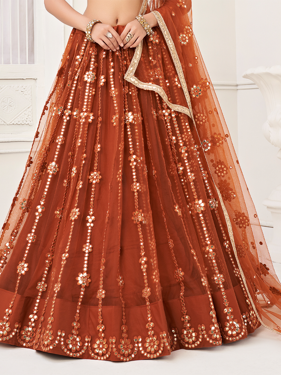 Rust Butterfly Net Embroidered Party Wear Festival Heavy Border Lehenga Choli