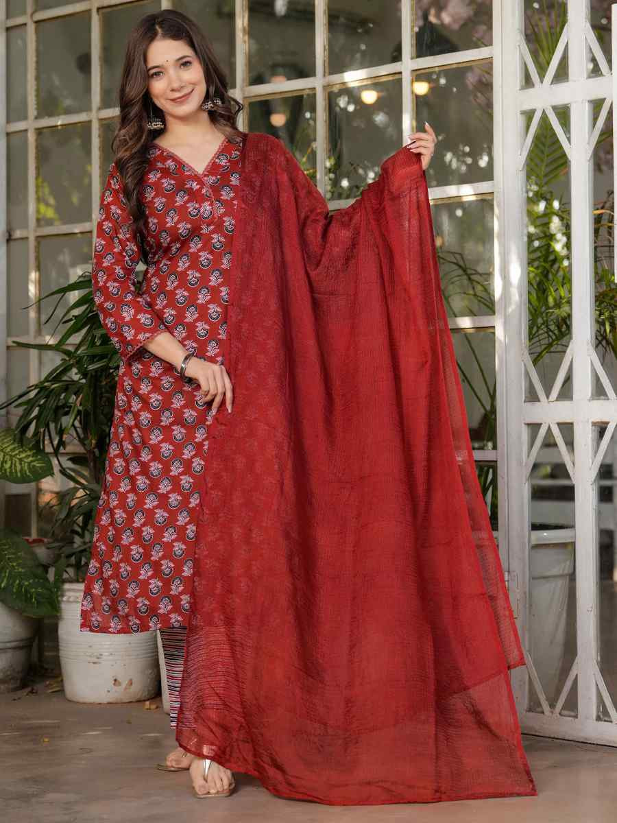 Rust Cotton Printed Party Casual Ready Pant Salwar Kameez