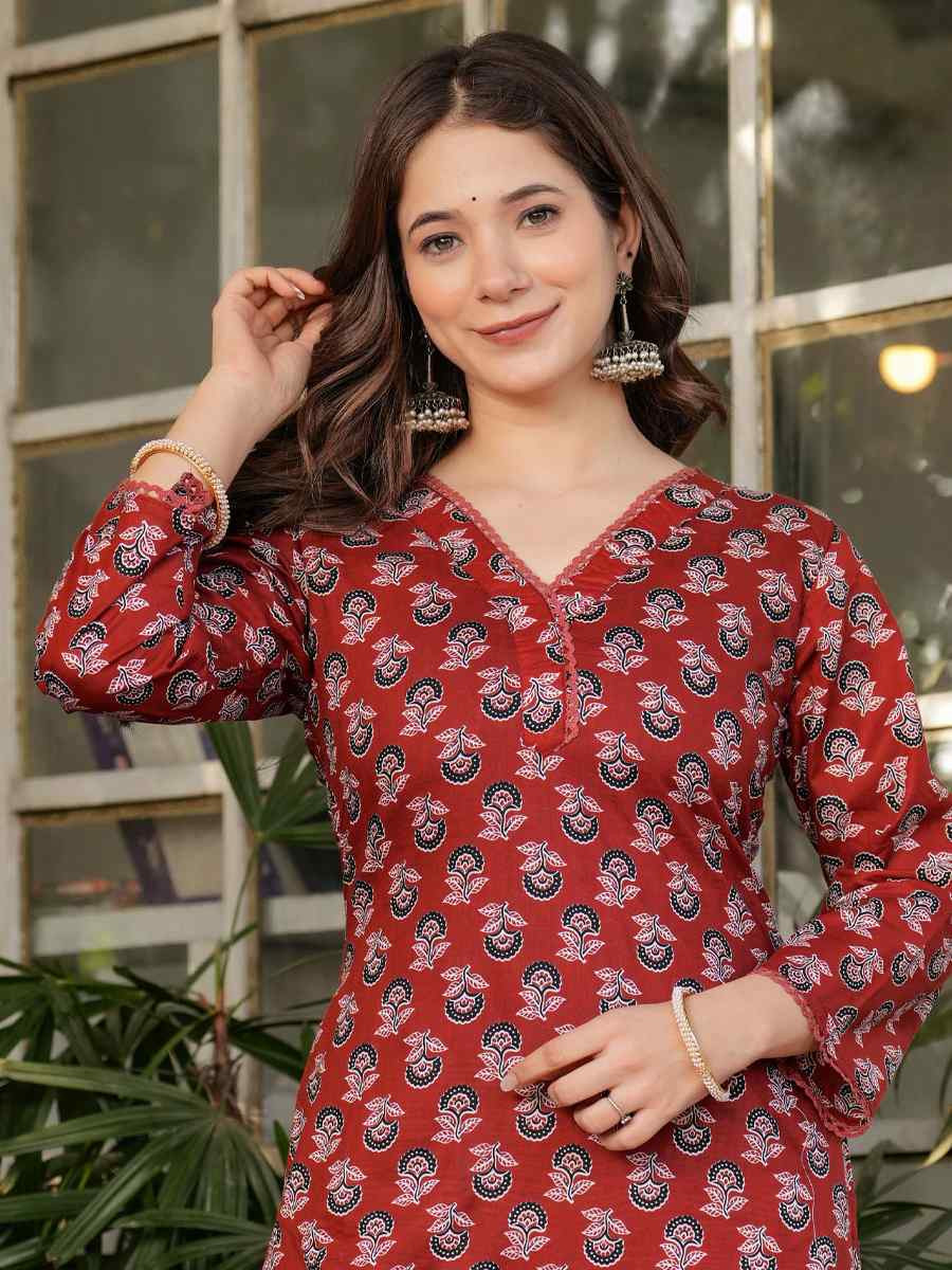 Rust Cotton Printed Party Casual Ready Pant Salwar Kameez