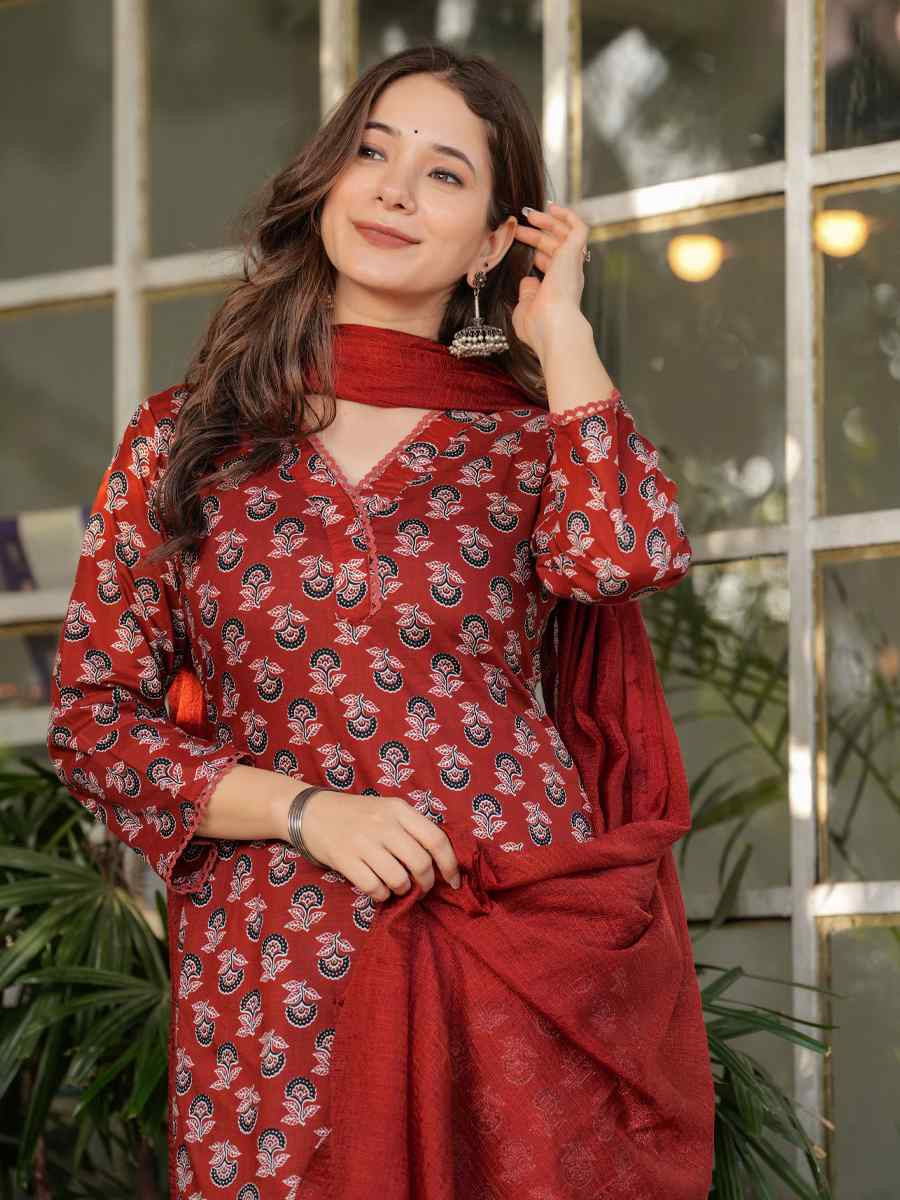 Rust Cotton Printed Party Casual Ready Pant Salwar Kameez