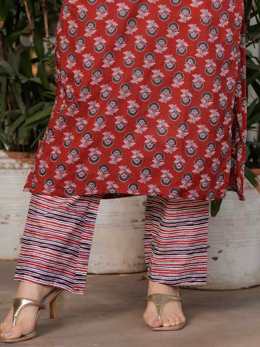 Rust Cotton Printed Party Casual Ready Pant Salwar Kameez