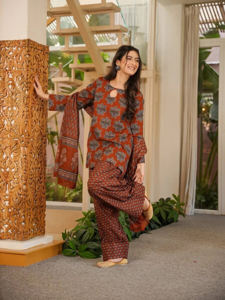 Rust Cotton Silk Printed Wedding Party Festival Casual Ready Palazzo Pant Salwar Kameez